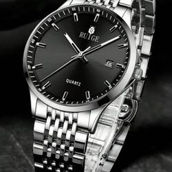 Stylish Mens Luxury Quartz Stainless Steel Black and Silver Watch for you or Someone Special
