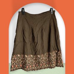 Dress Barn Brown Lined Skirt w Embroidered Flowers Border & Scalloped Hem Wm 6