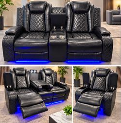 Black Leather Power Recliner Home Theater Sofa