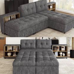 121” Gray Versatile Modular Sectional Sofa Bed with Dual Storage Shelves [NEW IN BOX]