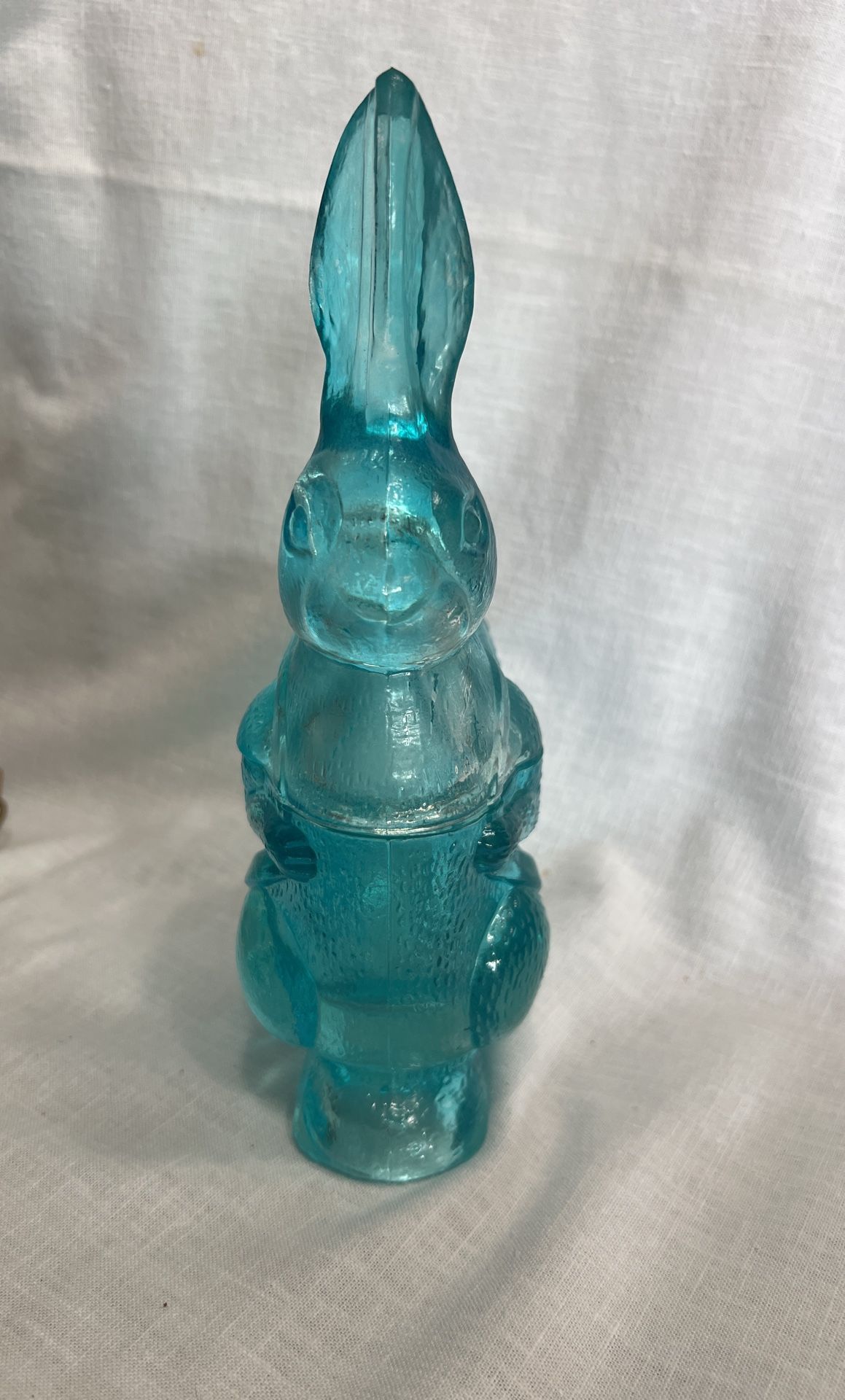 Zabkowice Glass Rabbit with Basket Candy Dish, Blue Bunny Dish, Vintage Glass Rabbit 9.5 Rare
