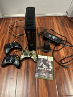 Xbox 360 With Three Controllers, Fight Night, Cords And Controller Charger