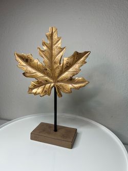Gold Tone Leaf Sculpture on Stand, Freestanding Metal & Wood Decor