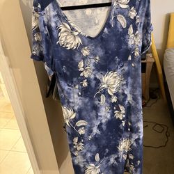 Blue and White Midi Floral Printed Dress