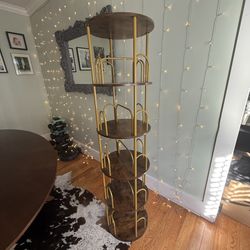 5-Tier Rotating Bookshelf, 360° Round Spinning Book Shelf Tower, Tall Skinny Wood & Metal Bookshelf for Corner/Office/Home, Modern Industrial Vintage 