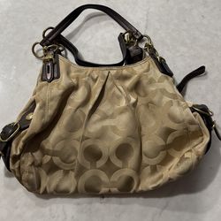 Coach Maggie Signature Op Art Tan Brown Sateen Carryall Shoulder Handbag 15757