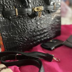 Crocodile Embossed Handbag with wallet and pouch