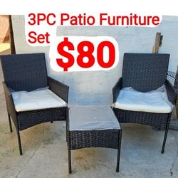Patio Porch Furniture Set, 3pcs PE Rattan Wicker Chairs with Table Outdoor Garden Furniture Set, Black / Ivory