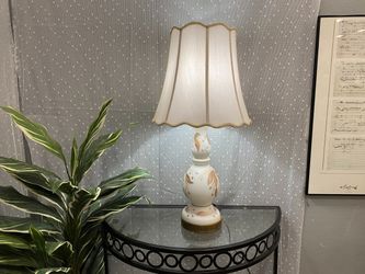 Vintage Chinoiserie Ceramic Painted Table Lamp with Scalloped Trim Shade