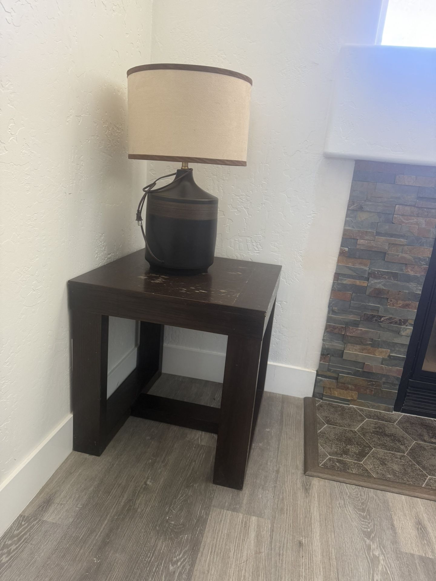 Square Wooden Table with Lamp