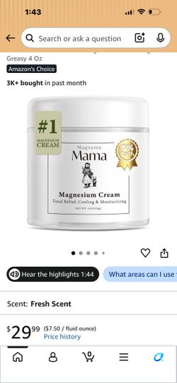 Magsume Mama Magnesium Cream 4 Oz 8% MgCl2 Fresh Scent - New