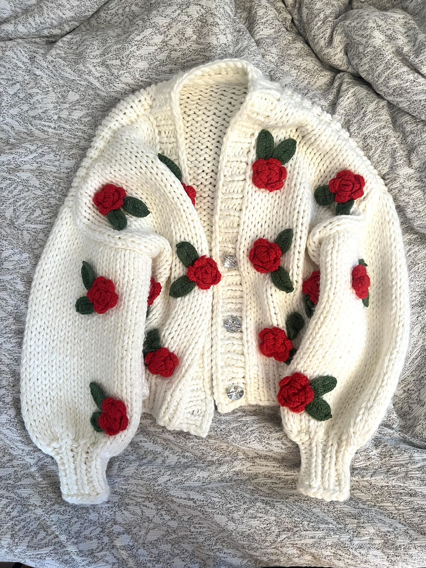 NWOT Chunky Oversized Hand Knitted Cardigan with Roses