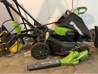 Greenworks cordless push mower set with trimmer and pole saw