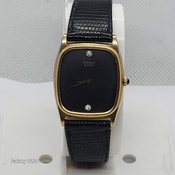 Vintage Seiko Watch Men Gold Tone 8(contact info removed) Black Band New Battery