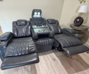 Gray Leather Power Recliner Sofa with Console