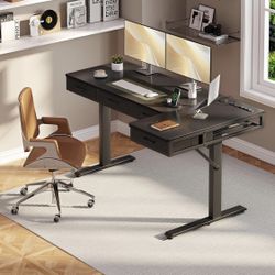  55 Inch L Shaped Electric Standing Desk with Drawers, Height Adjustable Large Desk with Power Outlets, Sit Stand Table, Writing Computer Desk for Hom