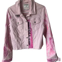 Page one pink denim jacket Large Handpainted We All Have A Story To Tell Fringe  Comes from a pet and smoke free home.  Measurements in pictures.This 