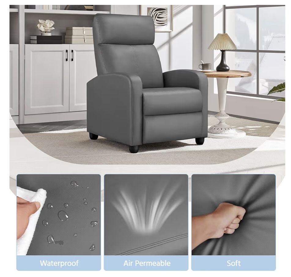 Recliner Chair PU Leather Recliner Sofa Home Theater Seating with Lumbar Support Overstuffed High-Density Sponge Push Silver Gray Recliners