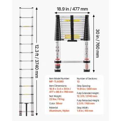 12.5ft Telescoping Ladder, Aluminum Lightweight Multi-Purpose Collapsible Extension, One-Touch Retraction Ladder, Heavy Duty 330LBS Max Capacity with 