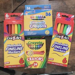 New x2 CrazArt Washable Markers 6 pc Non-toxic Bright colors & Washable Crayons 36 pc & 24pc crayons