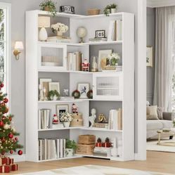 60.6 Corner Bookshelf, 5 Tier Bookshelf with Doors, Tall Bookcase Shelf with Storage, Tall Book Shelf Open Display