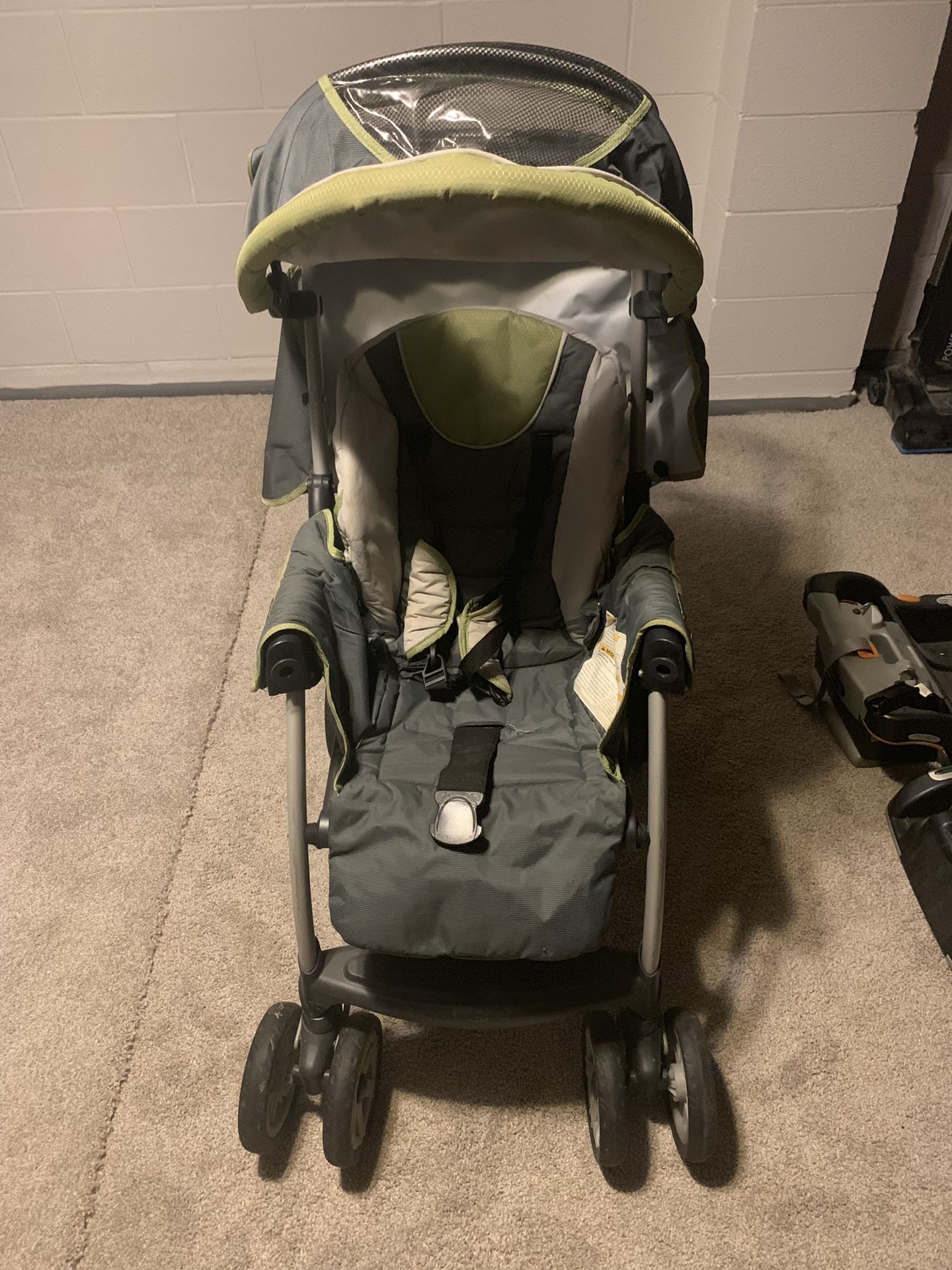 Matching Chicco stroller, car seat, and two car bases.