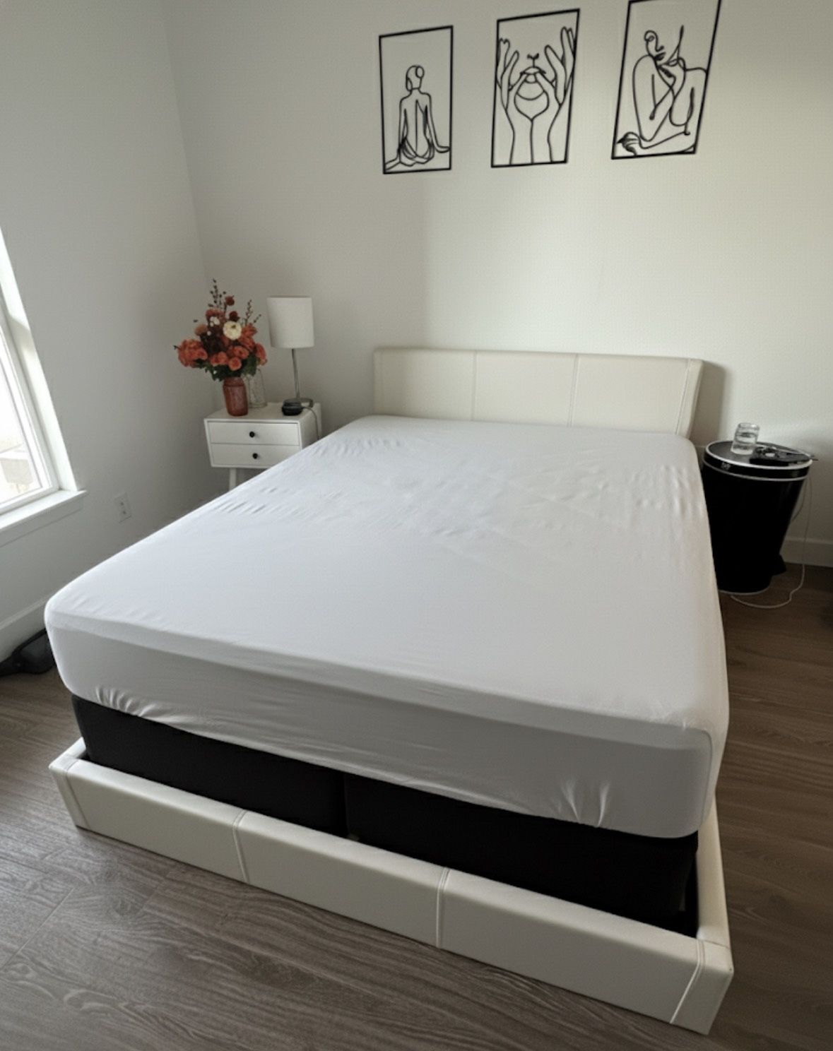 Full size white leather platform bed + box spring (pick up ASAP)