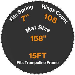 Trampoline Replacement Mat, Jumping Mat Fits 15 ft Frame, Universal Jumping Round Trampoline Mat with 108 V-Rings, Only Fit 7" Spring Length