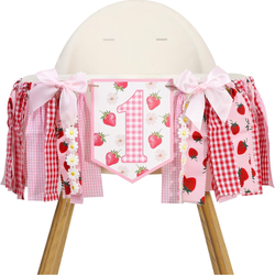 1st Birthday High Chair Banner - Pink Red Berry Theme Highchair Banner, Gingham Sweet Berry First Birthday Party Best Sweet One Cake Smash Photo Props