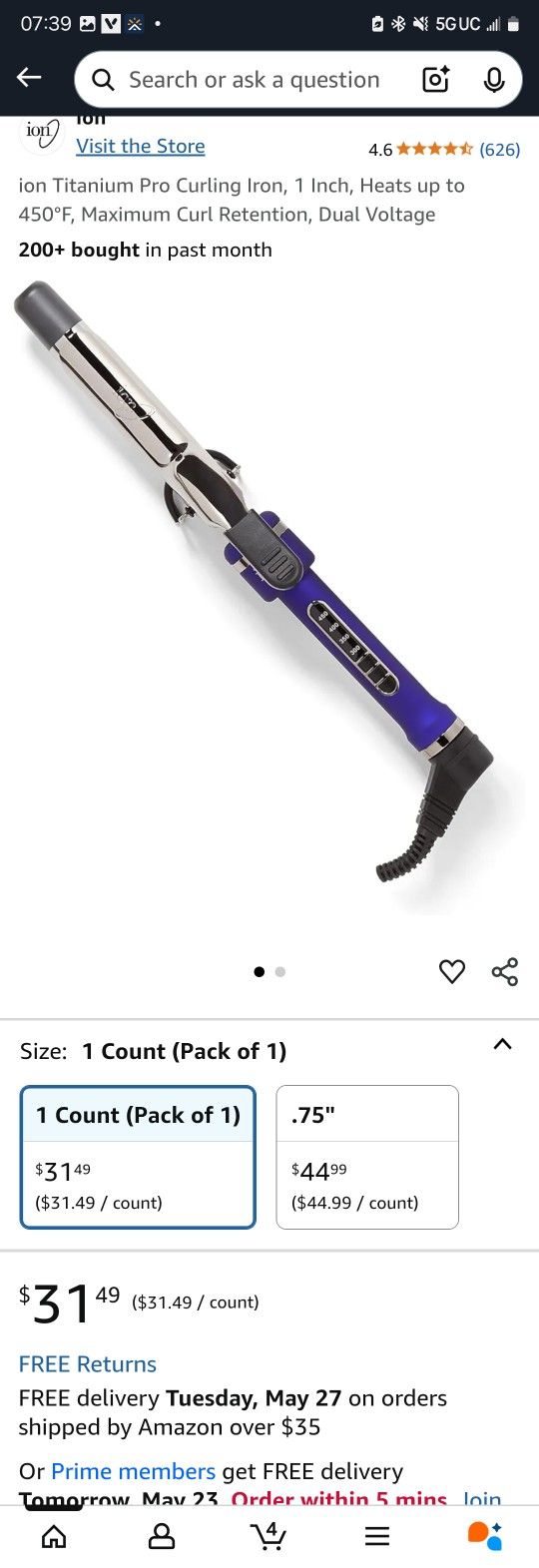 ion Titanium Pro Curling Iron, 1 Inch, Heats up to 450°F, Maximum Curl Retention, Dual Voltage