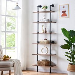 NEW 6-Tier Industrial Iron Pipe & Wood Open Wall Mounted Ladder Shelves - $130 Retail Shelf