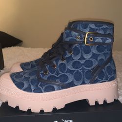Blue Denim Coach Boots Womens 9.5 Mens 7.5  