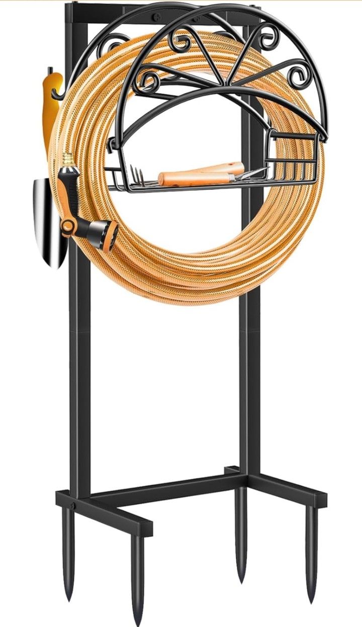 Garden Hose Holder Upgraded Water Hose Holder with Storage Basket 2 Tool Hooks Heavy Duty 4 Spikes Hose Hanger Holds