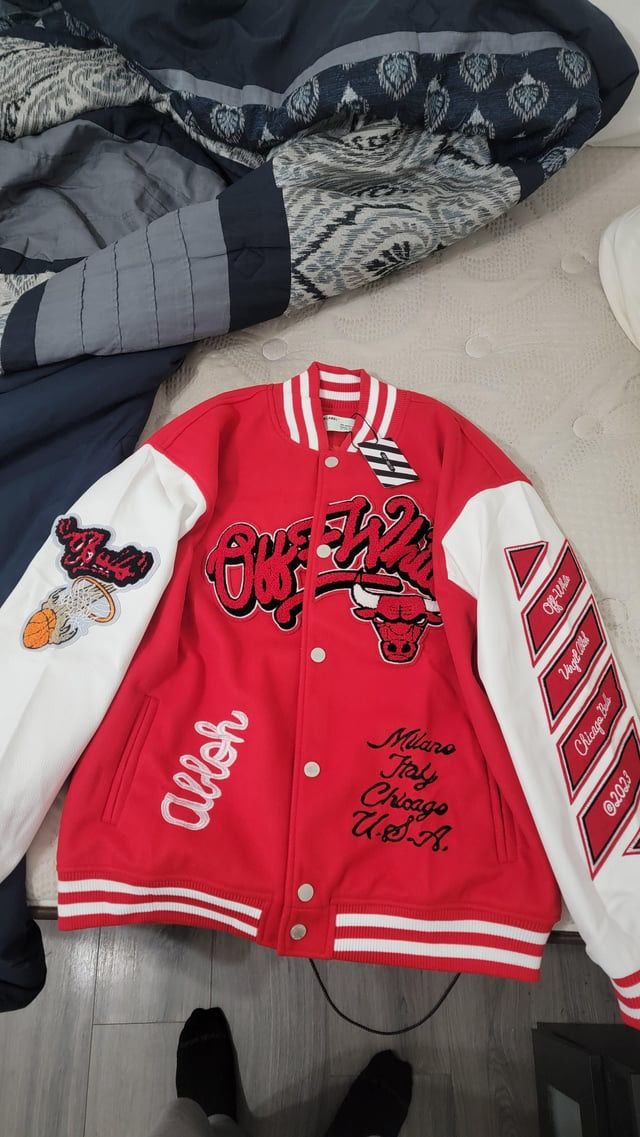 Chicago Bulls Off-White Red Varsity Jacket