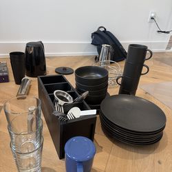 Various Kitchenware (Plates, Glasses, Electronic Tea Kettle, Fruit Basket, Stovetop Espresso)