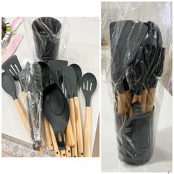14pcs Silicone Kitchen Utensil Set, Wooden Cooking (Grey)