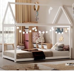 Kids Bed frame with Roof and Fence Color White SIZE L