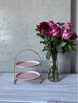 Pink 2-Tier Serving Tray w/ Gold Stand – Heart Topper