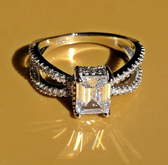 Emerald Cut White Sapphire Silver Ring Size 9