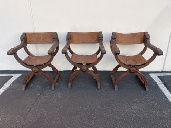 Set of 3 Antique Italian Renaissance Revival Carved Ornate Figural Chairs w/Leather Seats & Backrests