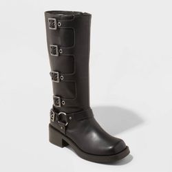 Women's Rebel Distressed Wide Calf Tall Moto Riding Boots - Wild Fable™ Black 7.5WC $30