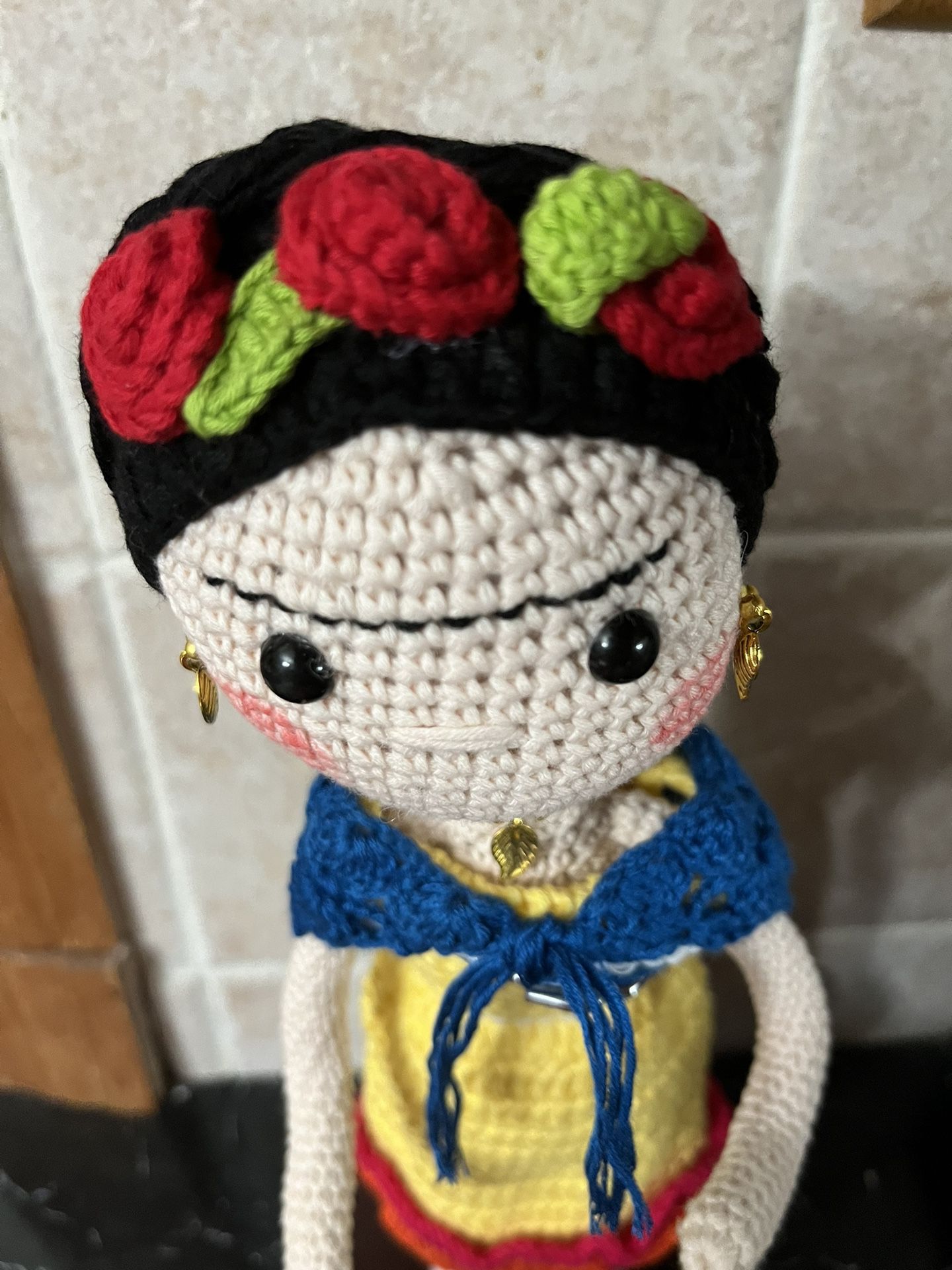 Handmade Crocheted Frida Kahlo Doll. Approximately 12” Tall