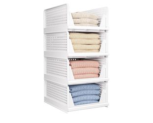 4 Pack Folding Closet Organizers Storage Box, Stackable Storage Bins, Plastic Drawer Basket Closet Storage for Wardrobe Cupboard Kitchen Bathroom Offi