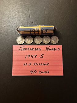 Coins – 1948S Jefferson Nickels (San Francisco mintage) – very low mintage – Total 40 coins (1 roll)