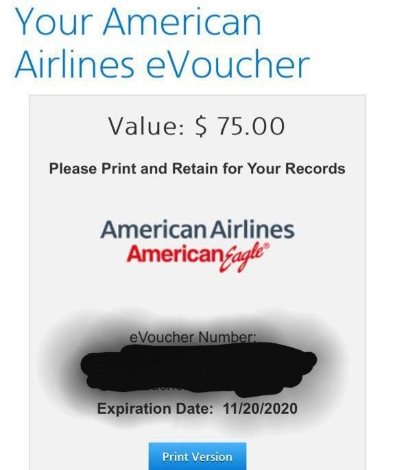 American Airlines eVoucher $75 credit