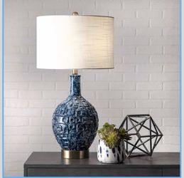 Blue Textured Ceramic Table Lamp with Linen Shade – Like New