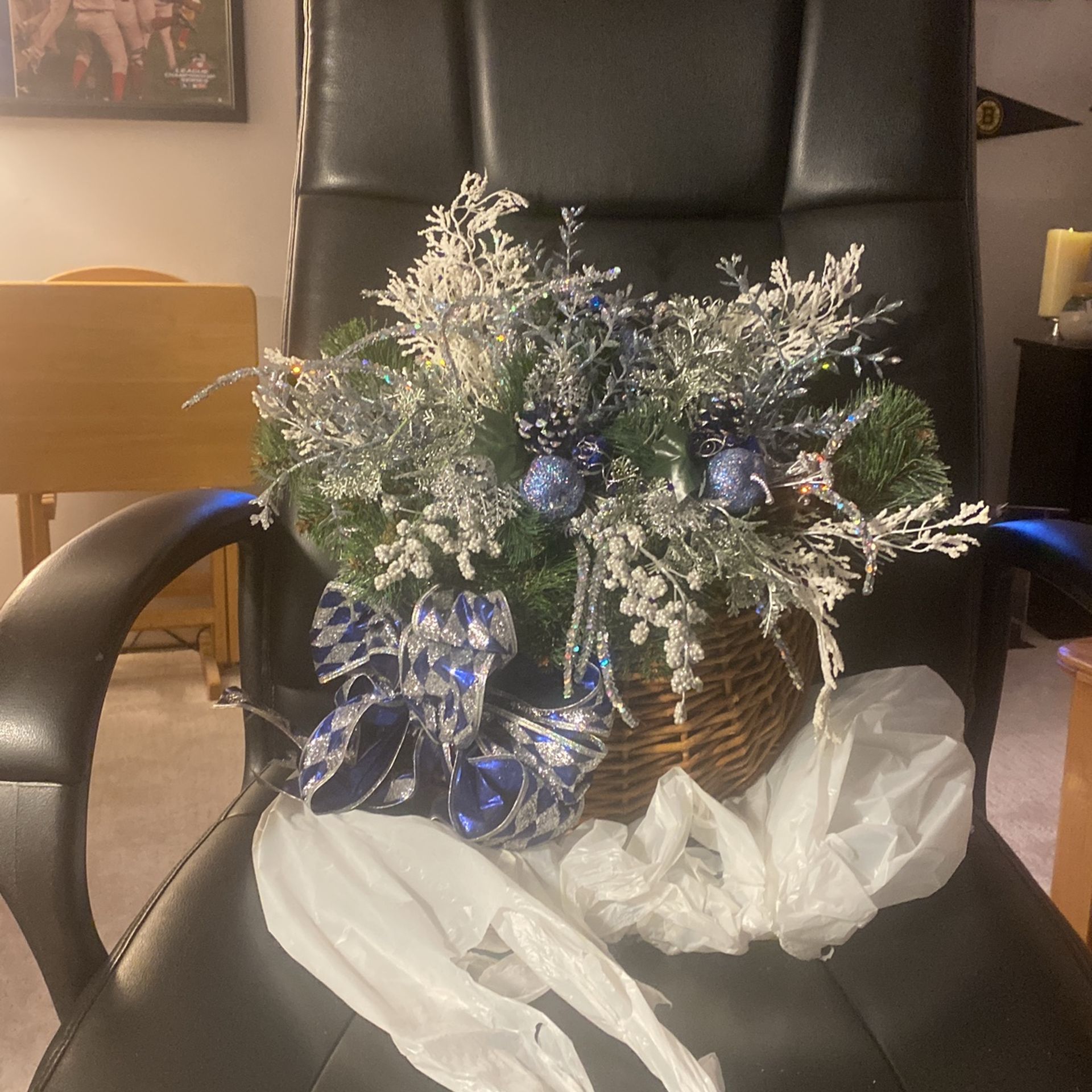 Blue Ribbon Door Basket With Christmas Greenery