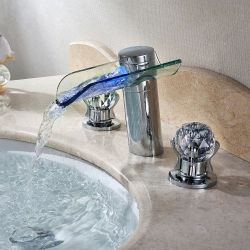 Morga LED Lighted Waterfall Bathroom Widespread Sink Faucet with Crystal Handles-058
