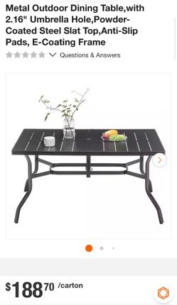Metal Outdoor Dining Table,with 2.16" Umbrella Hole,Powder-Coated Steel Slat Top,Anti-Slip Pads, E-Coating Frame