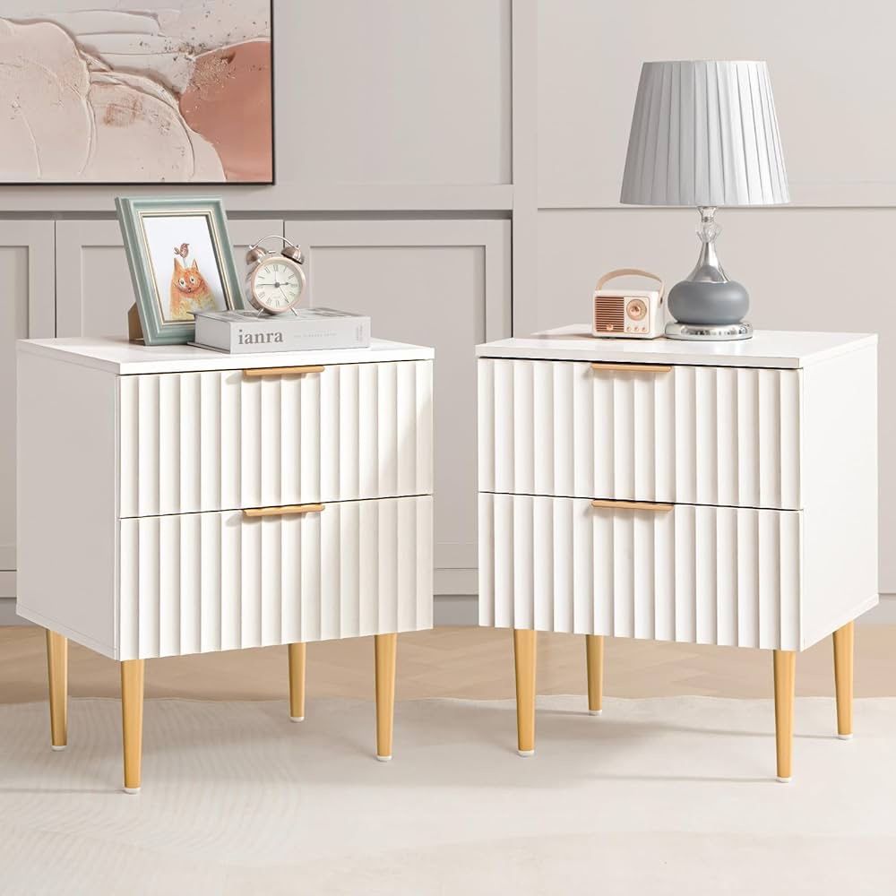White Night Stand Set 2, Wide Fluted Nightstand with 2 Drawers, Modern Glossy Storage Bedside Table for Bedroom,
